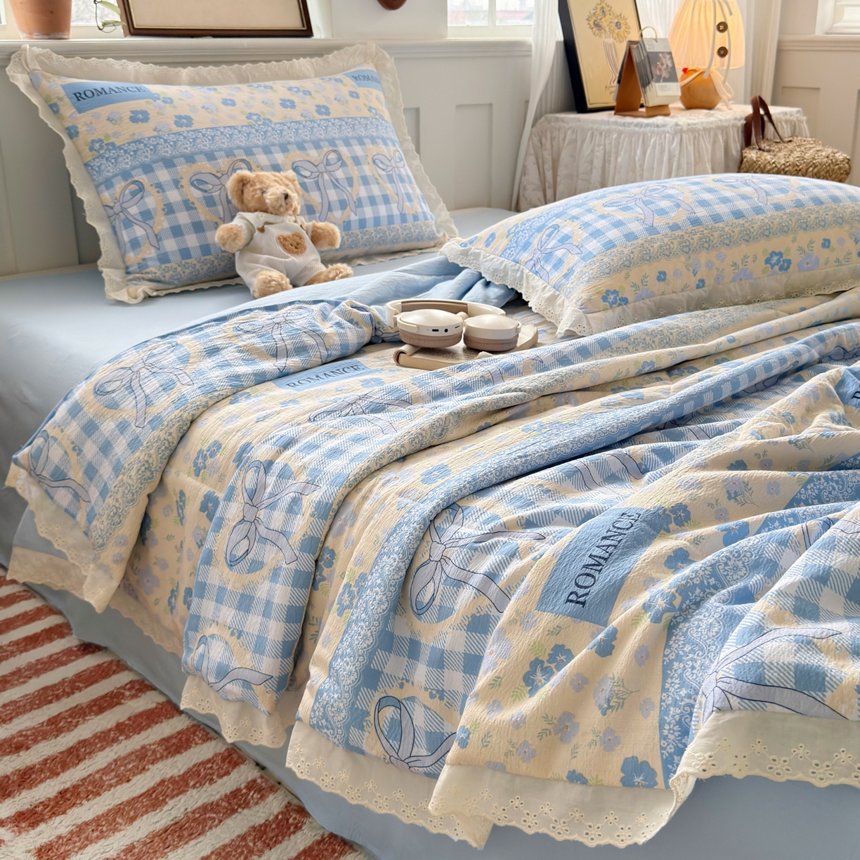 91家纺网 家纺一手货源 找家纺 花伞家居 2026新款全棉花边皱皱双层纱夏被夏凉被空调被四件套 夏被-爱洛