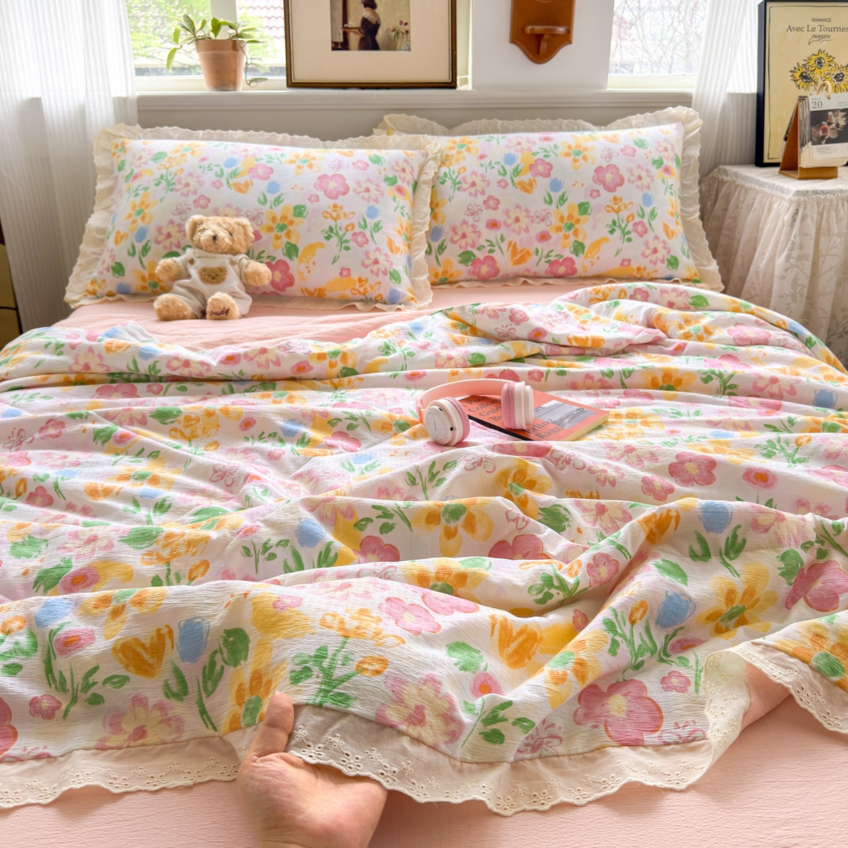 91家纺网 家纺一手货源 找家纺 花伞家居 2026新款全棉花边皱皱双层纱夏被夏凉被空调被四件套 夏被-风传花信