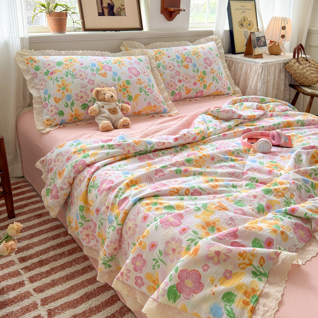 91家纺网 家纺一手货源 找家纺 花伞家居 2026新款全棉花边皱皱双层纱夏被夏凉被空调被四件套 夏被-风传花信