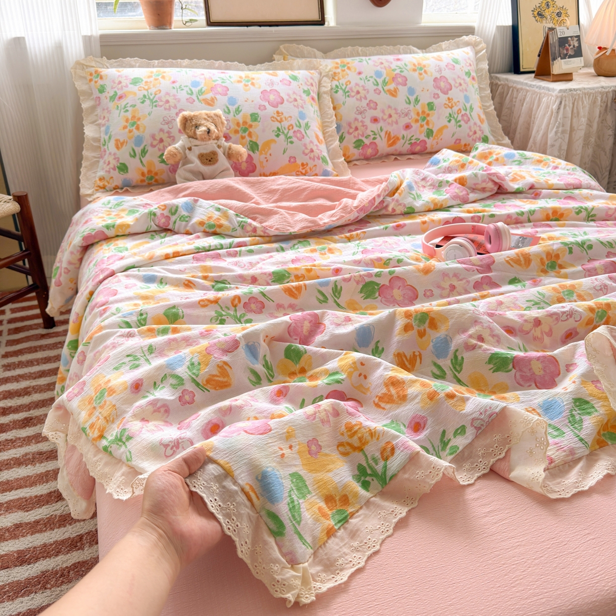 91家纺网 家纺一手货源 找家纺 花伞家居 2026新款全棉花边皱皱双层纱夏被夏凉被空调被四件套 夏被-风传花信