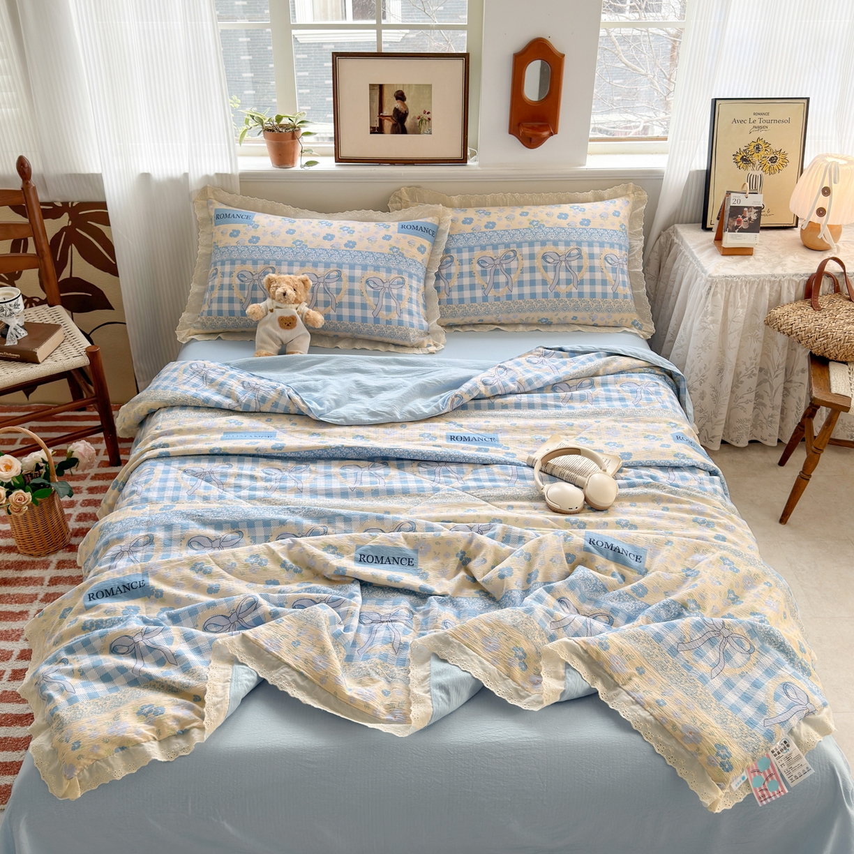 91家纺网 家纺一手货源 找家纺 花伞家居 2026新款全棉花边皱皱双层纱夏被夏凉被空调被四件套 夏被-爱洛