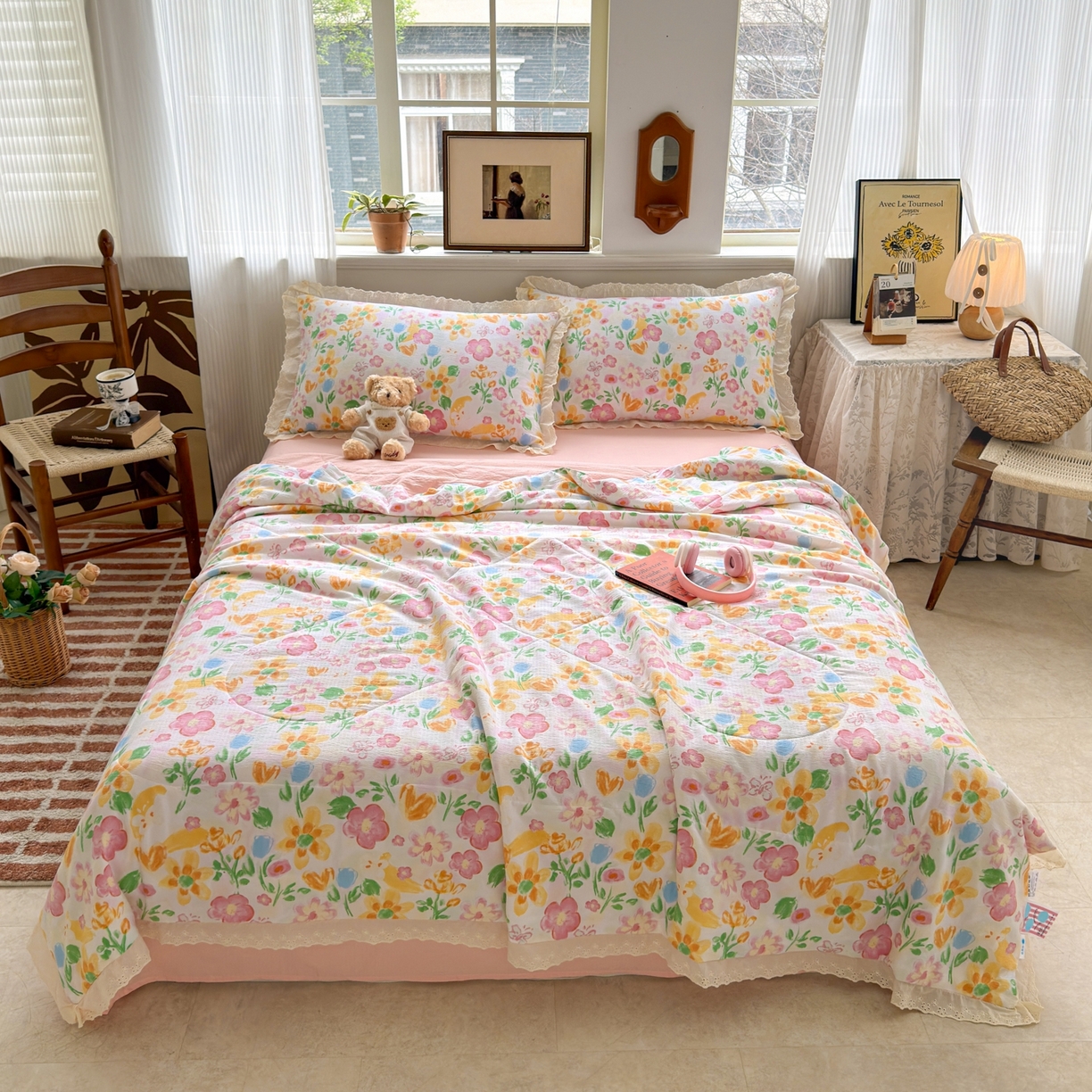 91家纺网 家纺一手货源 找家纺 花伞家居 2026新款全棉花边皱皱双层纱夏被夏凉被空调被四件套 夏被-风传花信