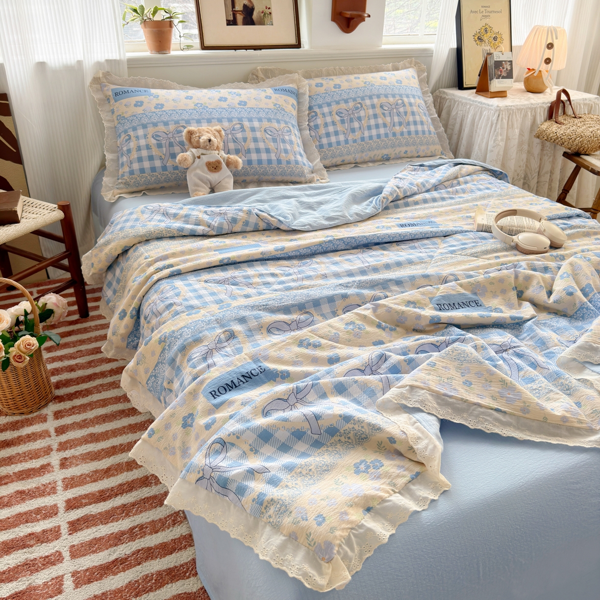 91家纺网 家纺一手货源 找家纺 花伞家居 2026新款全棉花边皱皱双层纱夏被夏凉被空调被四件套 夏被-爱洛