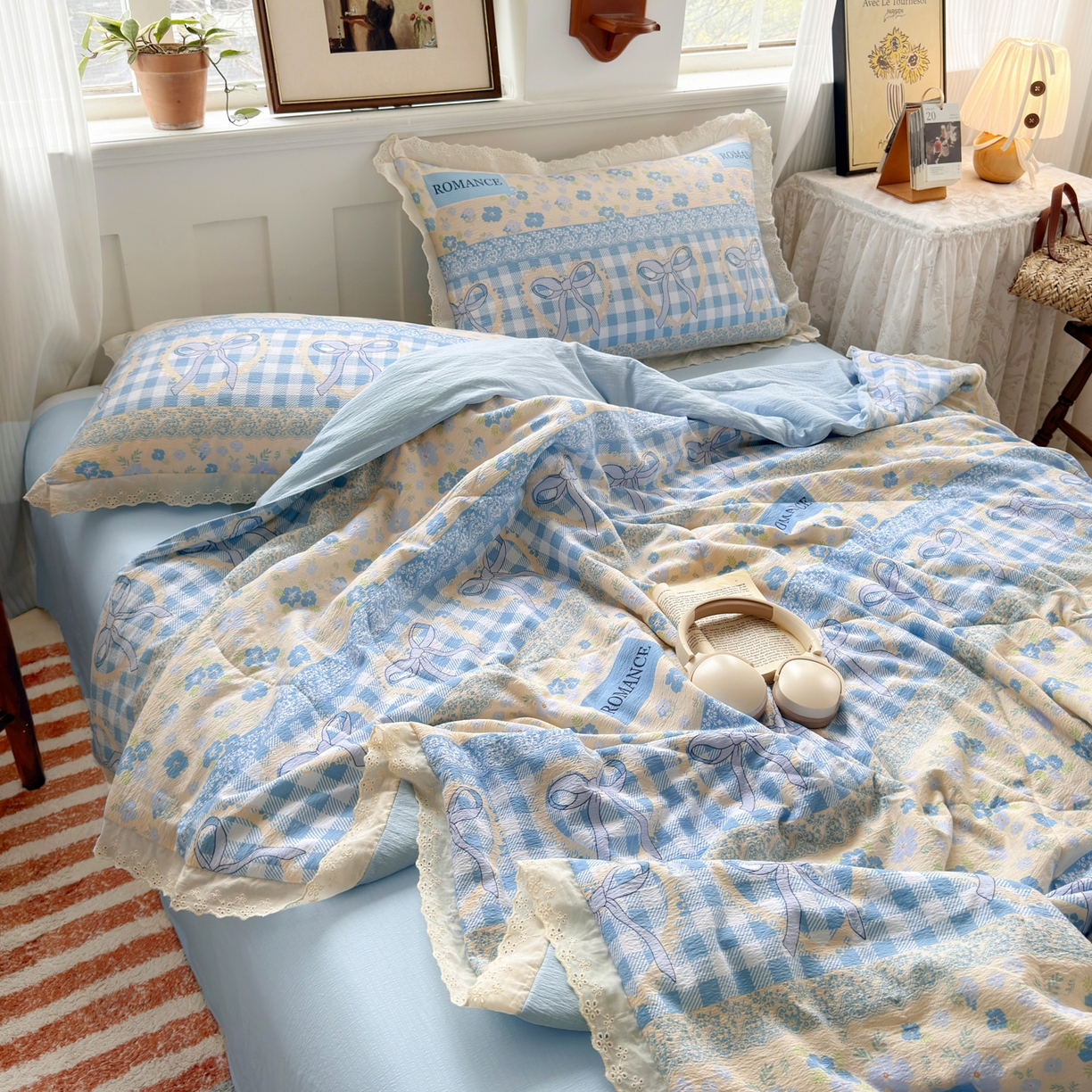 91家纺网 家纺一手货源 找家纺 花伞家居 2026新款全棉花边皱皱双层纱夏被夏凉被空调被四件套 夏被-爱洛