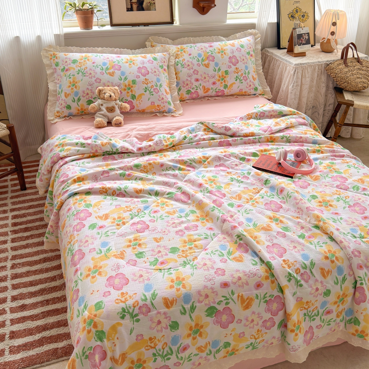 91家纺网 家纺一手货源 找家纺 花伞家居 2026新款全棉花边皱皱双层纱夏被夏凉被空调被四件套 夏被-风传花信