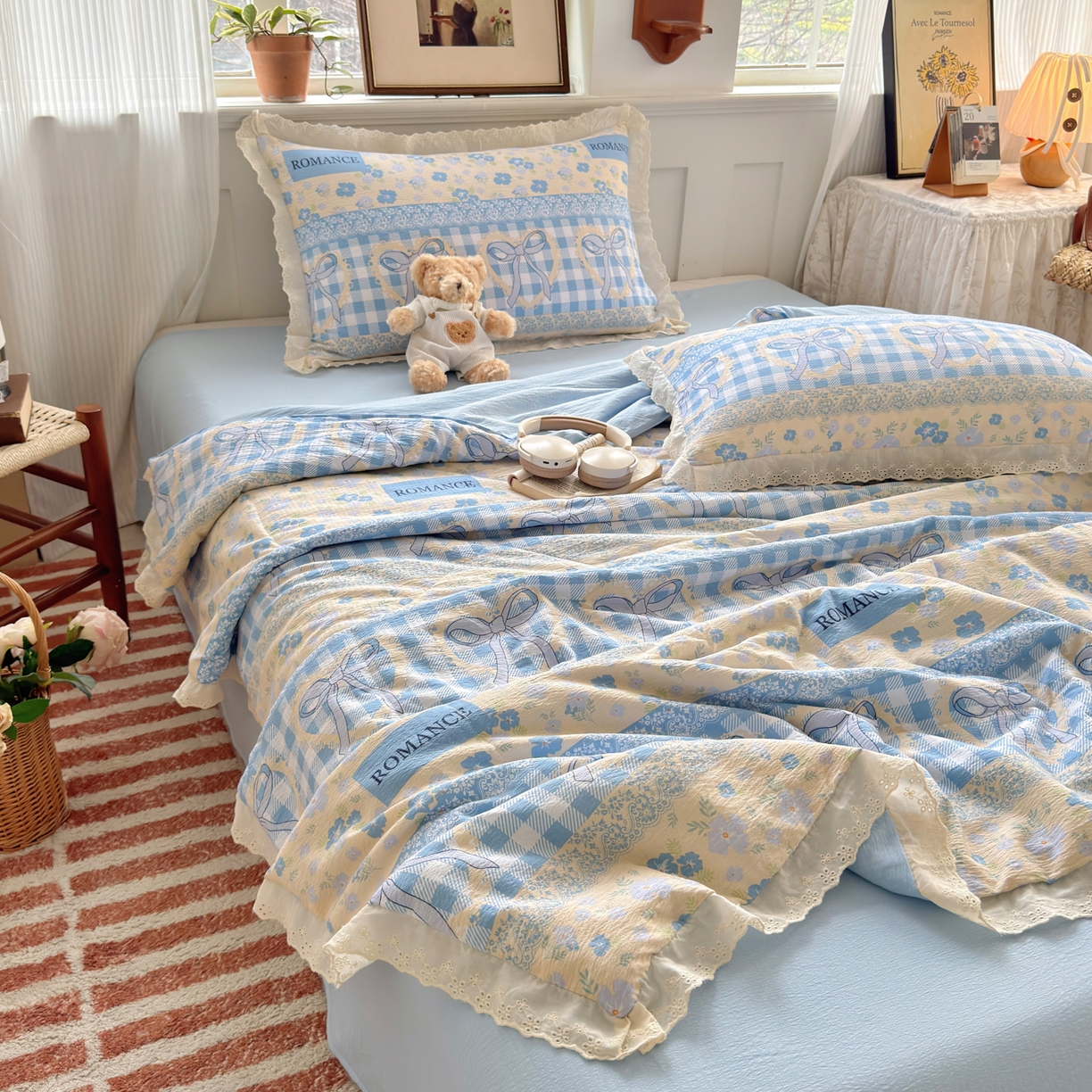 91家纺网 家纺一手货源 找家纺 花伞家居 2026新款全棉花边皱皱双层纱夏被夏凉被空调被四件套 夏被-爱洛