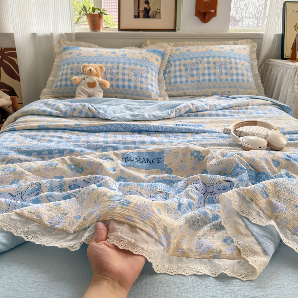 91家纺网 家纺一手货源 找家纺 花伞家居 2026新款全棉花边皱皱双层纱夏被夏凉被空调被四件套 夏被-爱洛