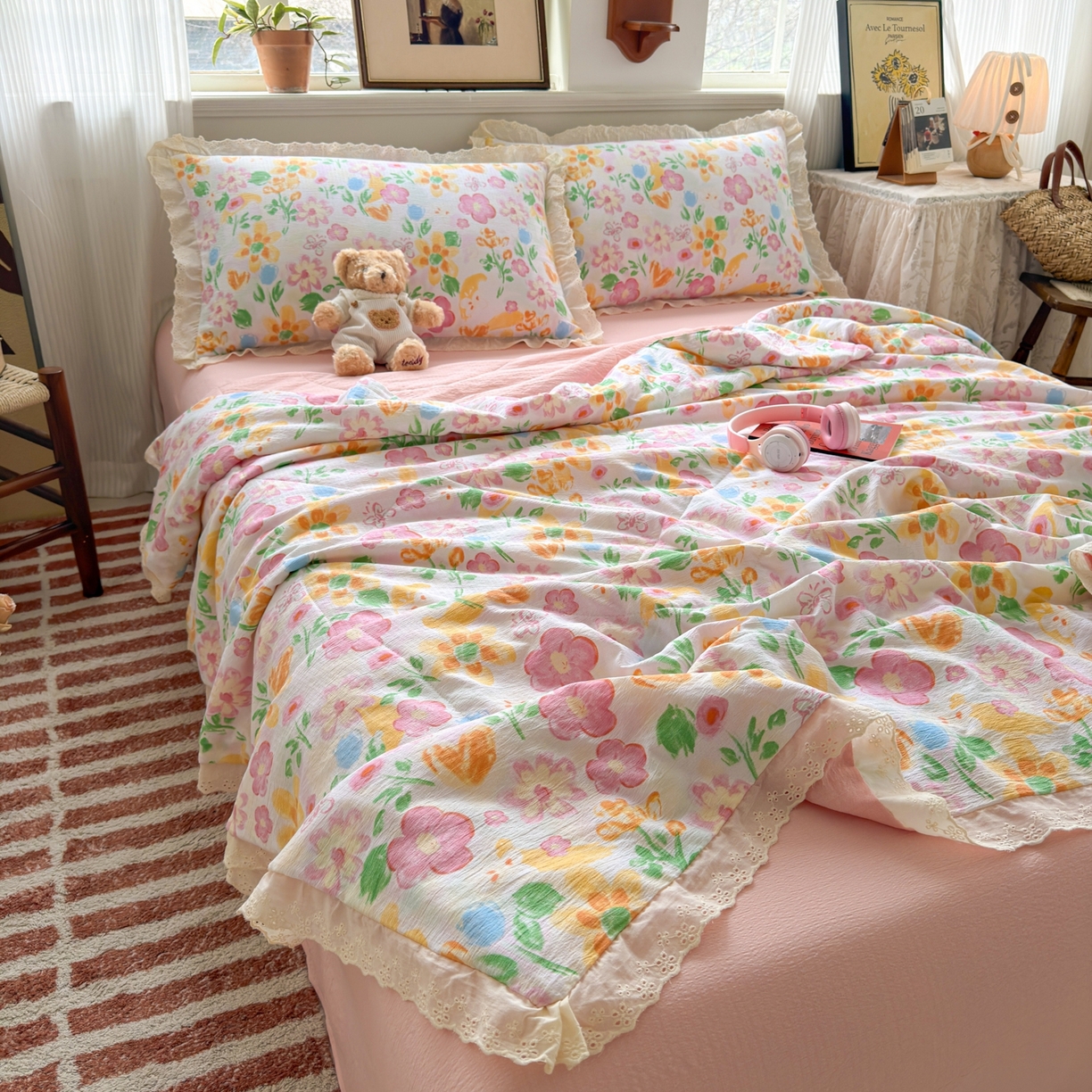 91家纺网 家纺一手货源 找家纺 花伞家居 2026新款全棉花边皱皱双层纱夏被夏凉被空调被四件套 夏被-风传花信