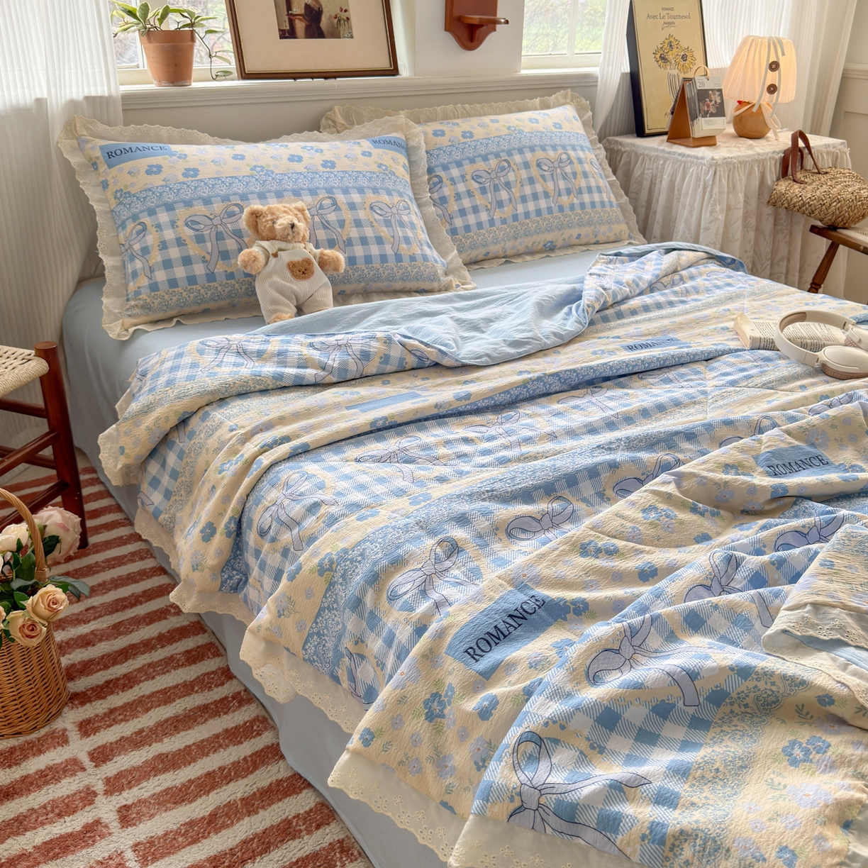 91家纺网 家纺一手货源 找家纺 花伞家居 2026新款全棉花边皱皱双层纱夏被夏凉被空调被四件套 夏被-爱洛