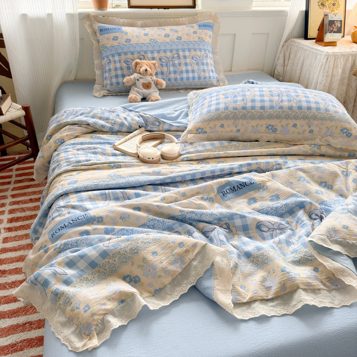 91家纺网 家纺一手货源 找家纺 花伞家居 2026新款全棉花边皱皱双层纱夏被夏凉被空调被四件套 夏被-爱洛