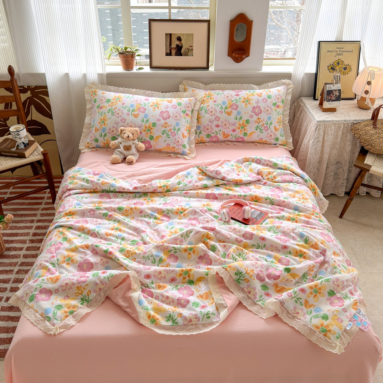 91家纺网 家纺一手货源 找家纺 花伞家居 2026新款全棉花边皱皱双层纱夏被夏凉被空调被四件套 夏被-风传花信