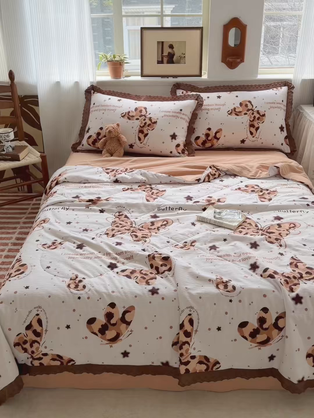 91家纺网 家纺一手货源 找家纺 花伞家居 2026新款全棉花边皱皱双层纱夏被夏凉被空调被四件套 夏被-豹纹蝴蝶