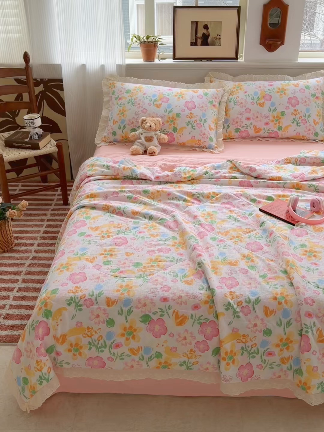 91家纺网 家纺一手货源 找家纺 花伞家居 2026新款全棉花边皱皱双层纱夏被夏凉被空调被四件套 夏被-风传花信