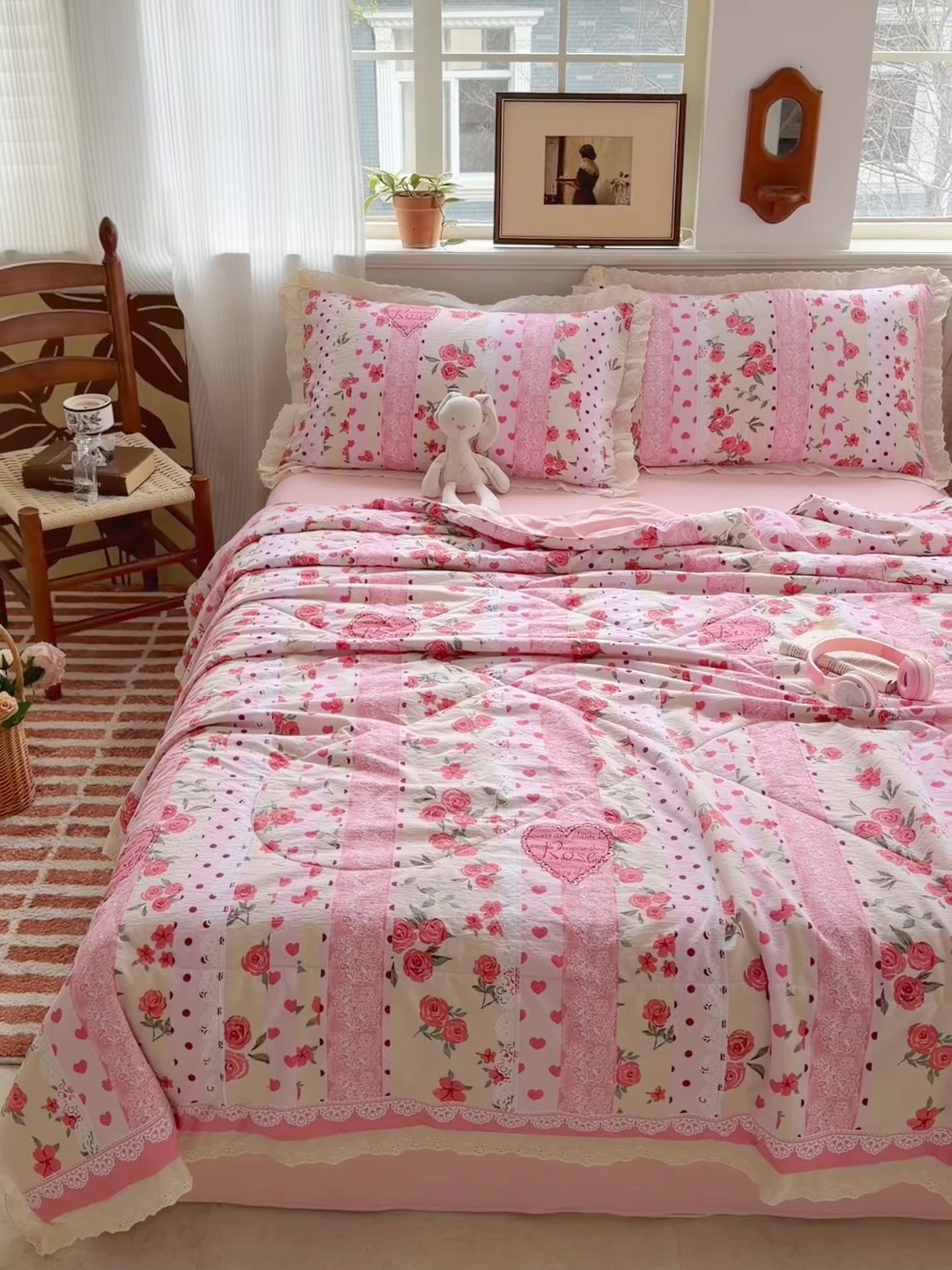 91家纺网 家纺一手货源 找家纺 花伞家居 2026新款全棉花边皱皱双层纱夏被夏凉被空调被四件套 夏被-热恋城堡