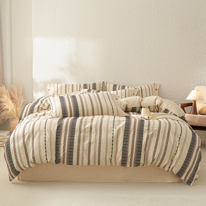 91家纺网 家纺一手货源 找家纺 梵克保罗 2026新款A类亲肤棉麻提花四件套 旷野棕条