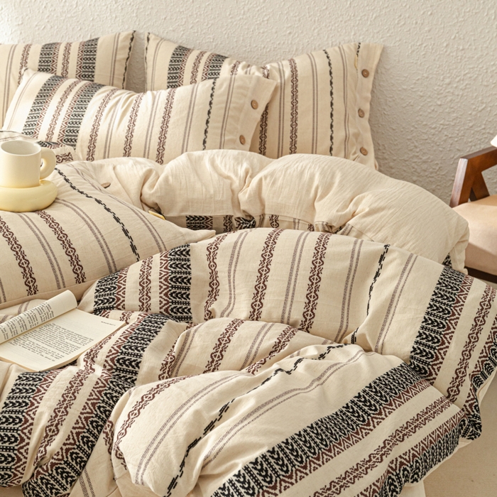 91家纺网 家纺一手货源 找家纺 梵克保罗 2026新款A类亲肤棉麻提花四件套 旷野棕条