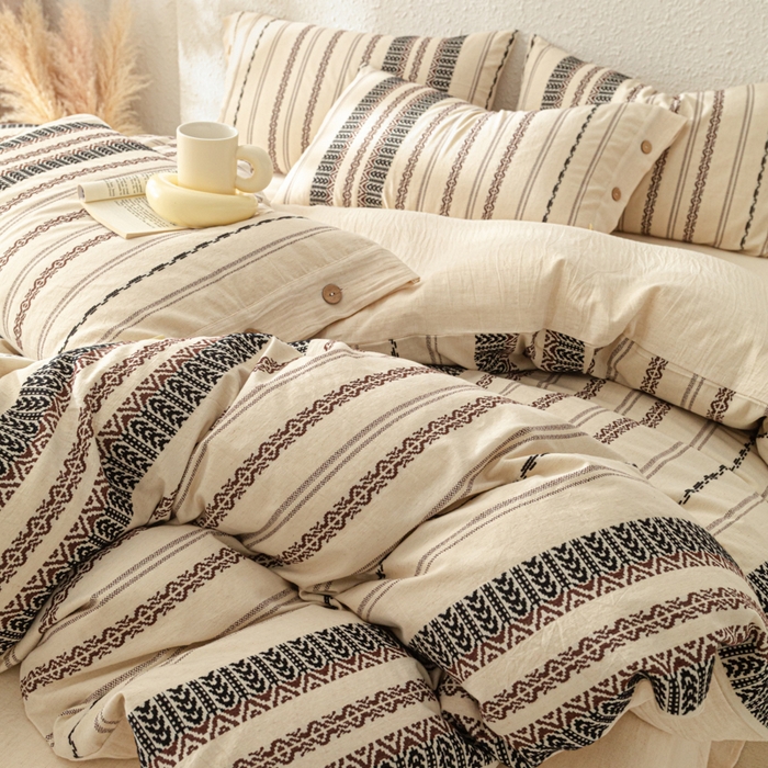 91家纺网 家纺一手货源 找家纺 梵克保罗 2026新款A类亲肤棉麻提花四件套 旷野棕条