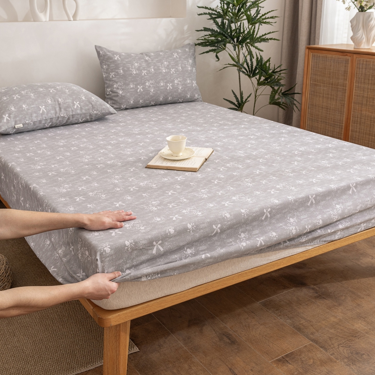 91家纺网 家纺一手货源 找家纺 首爱家纺 2026春夏新款亚麻老粗布床笠 床笠单件 星蝶