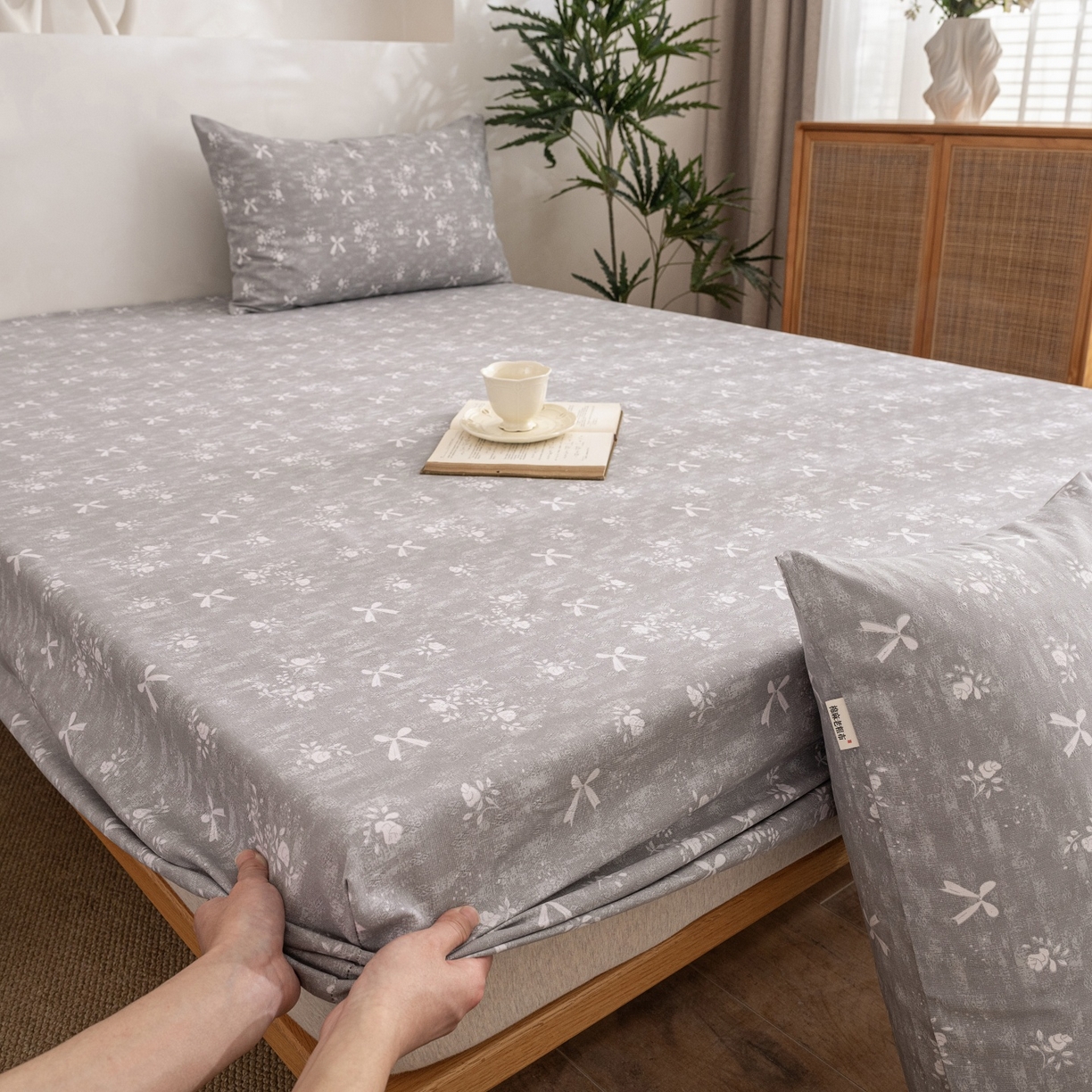 91家纺网 家纺一手货源 找家纺 首爱家纺 2026春夏新款亚麻老粗布床笠 床笠单件 星蝶