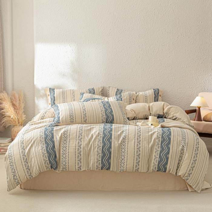 91家纺网 家纺一手货源 找家纺 梵克保罗 2026新款A类亲肤棉麻提花四件套 波西米亚蓝调