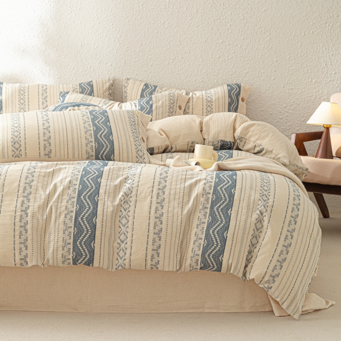 91家纺网 家纺一手货源 找家纺 梵克保罗 2026新款A类亲肤棉麻提花四件套 波西米亚蓝调