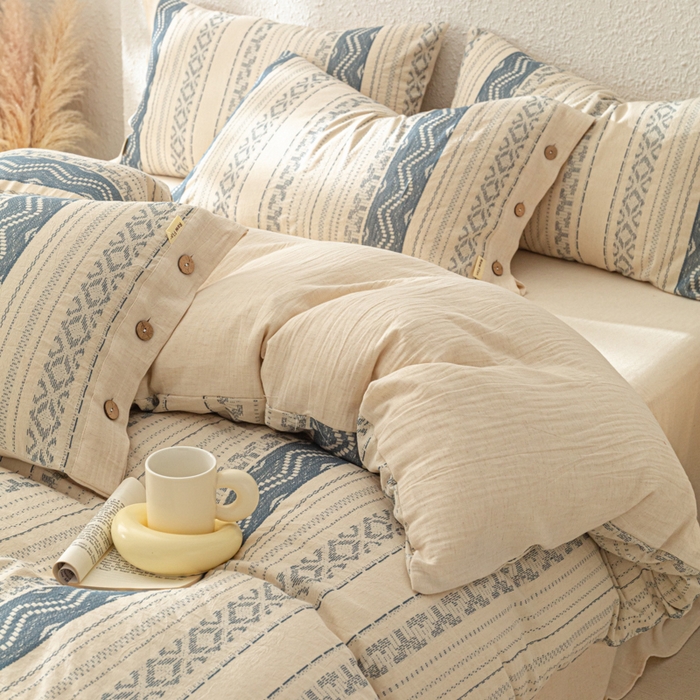 91家纺网 家纺一手货源 找家纺 梵克保罗 2026新款A类亲肤棉麻提花四件套 波西米亚蓝调