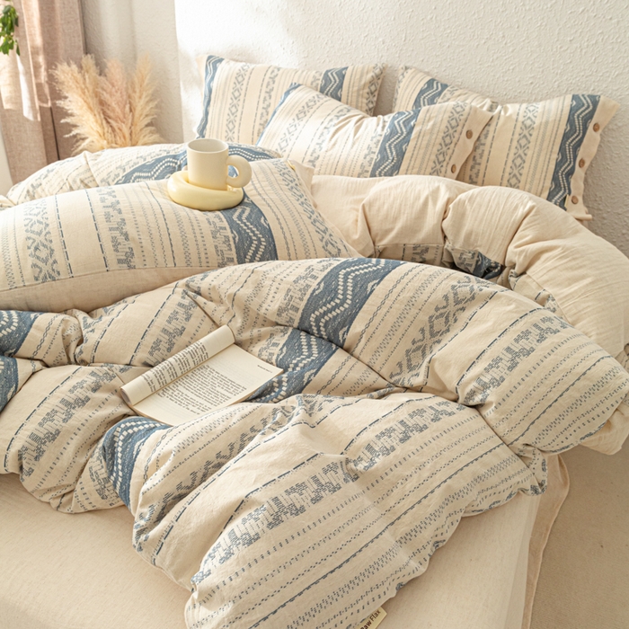 91家纺网 家纺一手货源 找家纺 梵克保罗 2026新款A类亲肤棉麻提花四件套 波西米亚蓝调