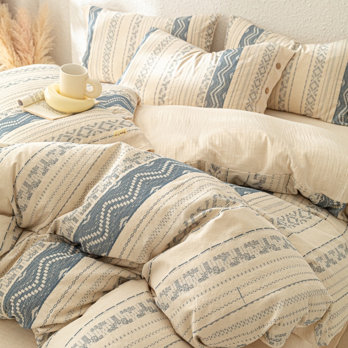 91家纺网 家纺一手货源 找家纺 梵克保罗 2026新款A类亲肤棉麻提花四件套 波西米亚蓝调