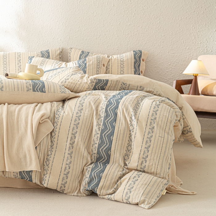 91家纺网 家纺一手货源 找家纺 梵克保罗 2026新款A类亲肤棉麻提花四件套 波西米亚蓝调