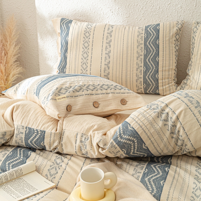 91家纺网 家纺一手货源 找家纺 梵克保罗 2026新款A类亲肤棉麻提花四件套 波西米亚蓝调