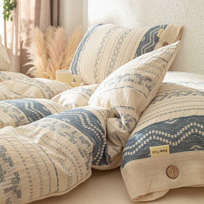 91家纺网 家纺一手货源 找家纺 梵克保罗 2026新款A类亲肤棉麻提花四件套 波西米亚蓝调