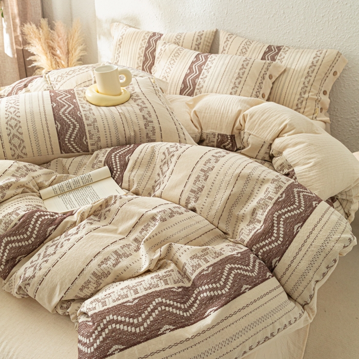 91家纺网 家纺一手货源 找家纺 梵克保罗 2026新款A类亲肤棉麻提花四件套 棕屿织纹