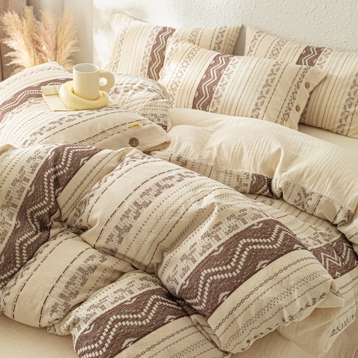 91家纺网 家纺一手货源 找家纺 梵克保罗 2026新款A类亲肤棉麻提花四件套 棕屿织纹