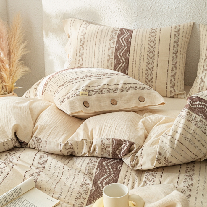 91家纺网 家纺一手货源 找家纺 梵克保罗 2026新款A类亲肤棉麻提花四件套 棕屿织纹