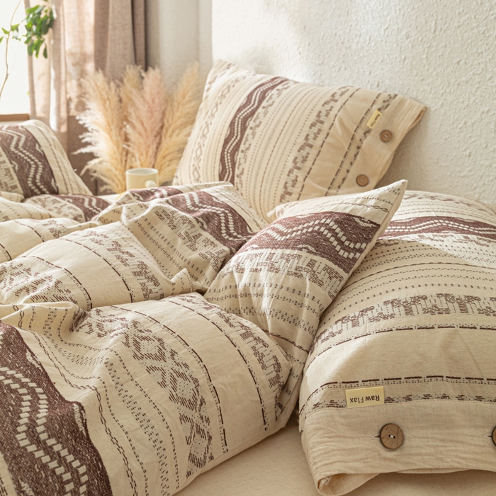 91家纺网 家纺一手货源 找家纺 梵克保罗 2026新款A类亲肤棉麻提花四件套 棕屿织纹