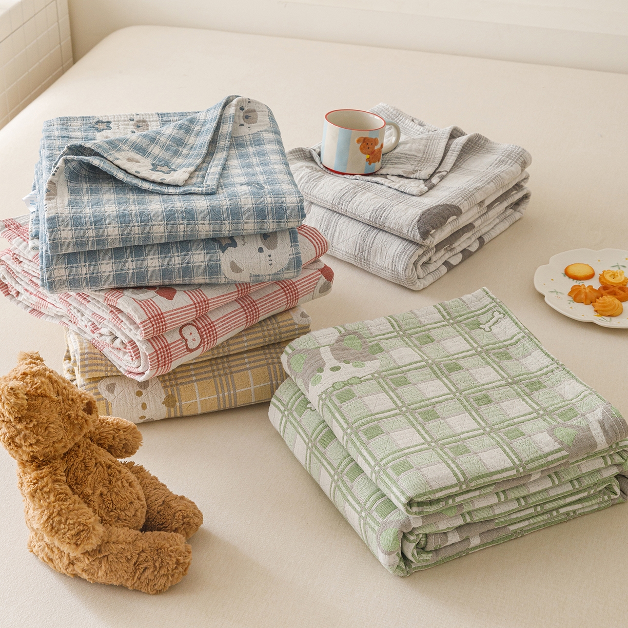 91家纺网 家纺一手货源 找家纺 （总）悦然毛巾被 2026新款全棉纯棉三层纱布夏被毛巾被盖毯休闲色织提花卡通