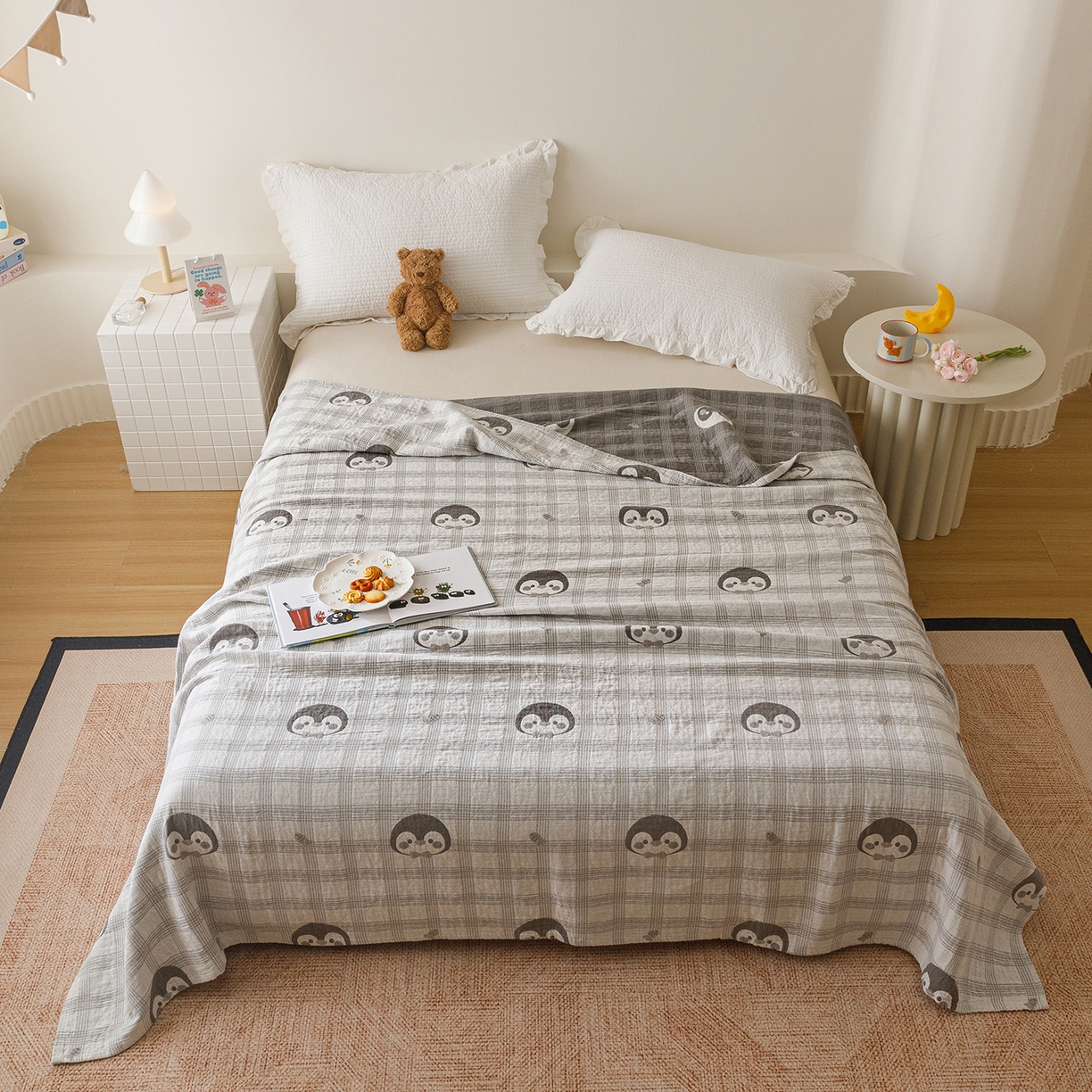 91家纺网 家纺一手货源 找家纺 悦然毛巾被 2026新款全棉纯棉三层纱布夏被毛巾被盖毯休闲色织提花卡通 暧企格语