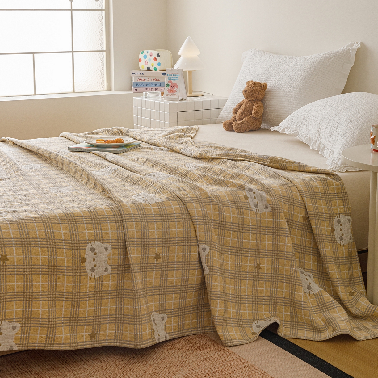 91家纺网 家纺一手货源 找家纺 悦然毛巾被 2026新款全棉纯棉三层纱布夏被毛巾被盖毯休闲色织提花卡通 暧运瑞猫