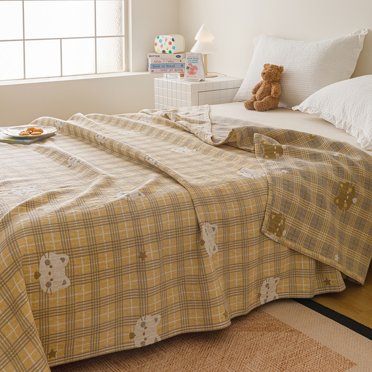 91家纺网 家纺一手货源 找家纺 悦然毛巾被 2026新款全棉纯棉三层纱布夏被毛巾被盖毯休闲色织提花卡通 暧运瑞猫