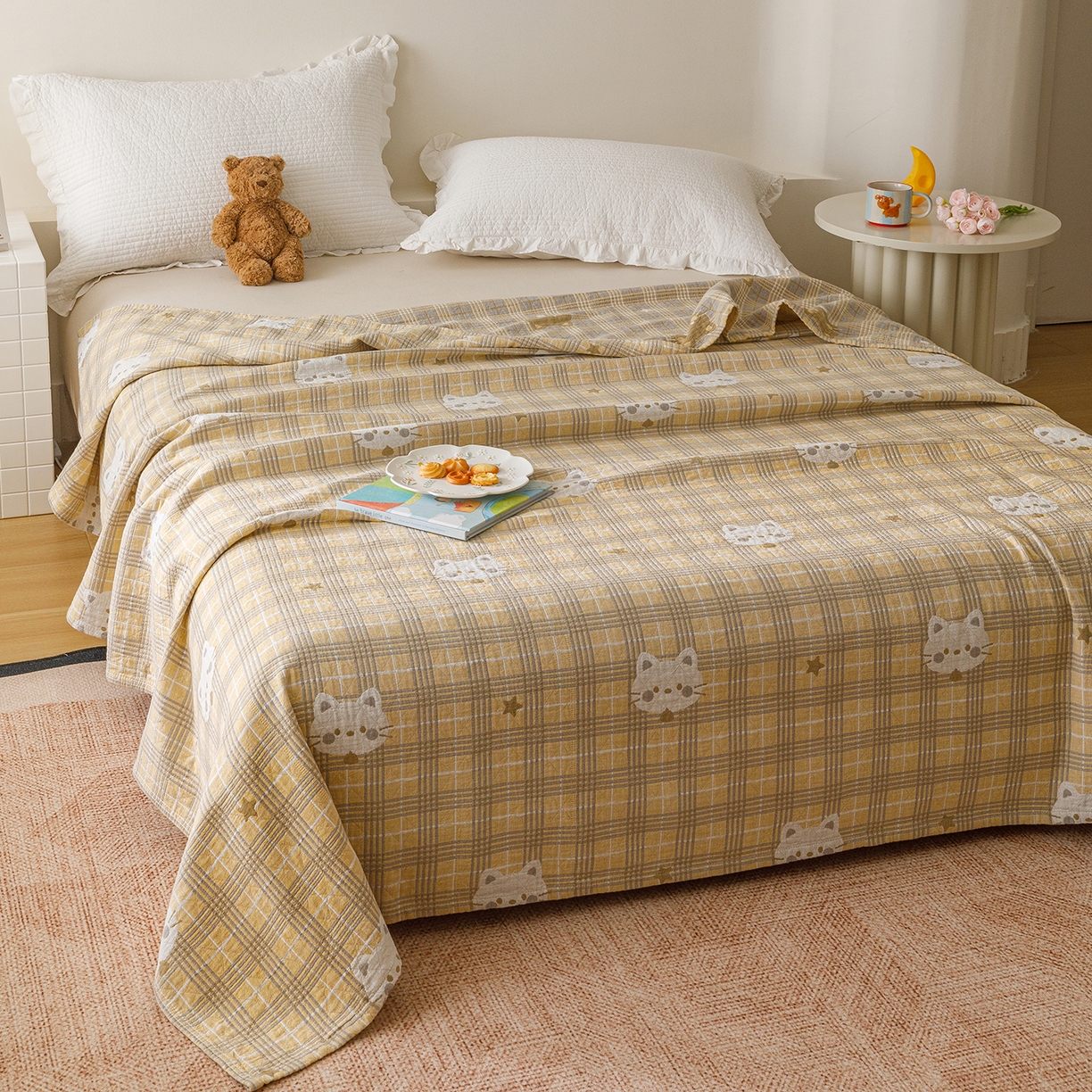 91家纺网 家纺一手货源 找家纺 悦然毛巾被 2026新款全棉纯棉三层纱布夏被毛巾被盖毯休闲色织提花卡通 暧运瑞猫