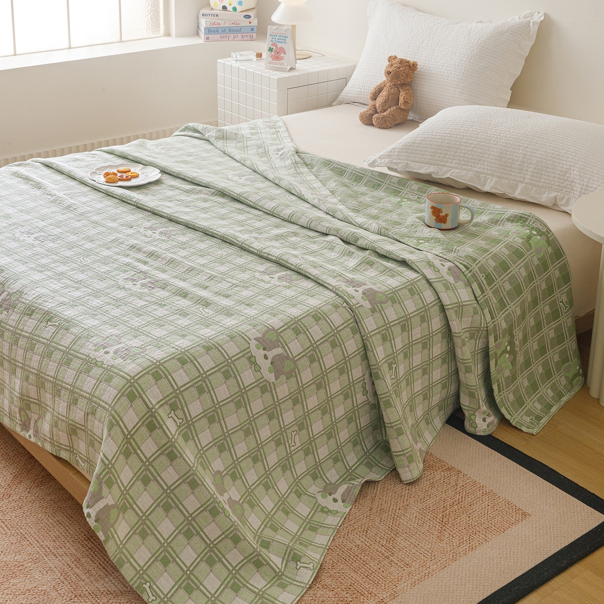 91家纺网 家纺一手货源 找家纺 悦然毛巾被 2026新款全棉纯棉三层纱布夏被毛巾被盖毯休闲色织提花卡通 绿动全城