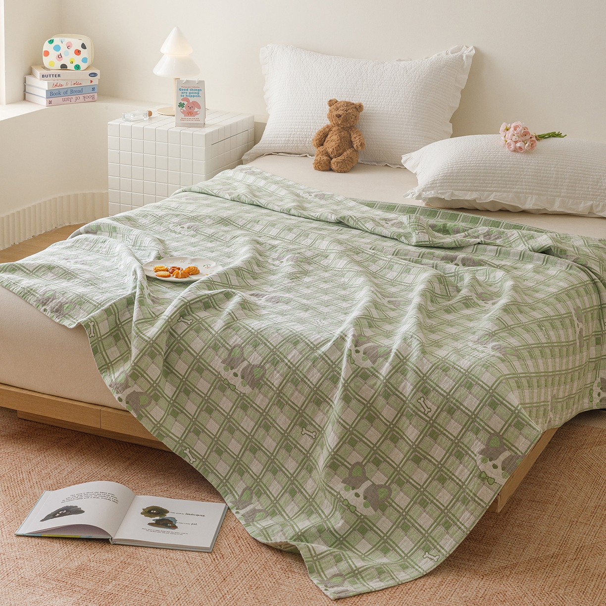 91家纺网 家纺一手货源 找家纺 悦然毛巾被 2026新款全棉纯棉三层纱布夏被毛巾被盖毯休闲色织提花卡通 绿动全城