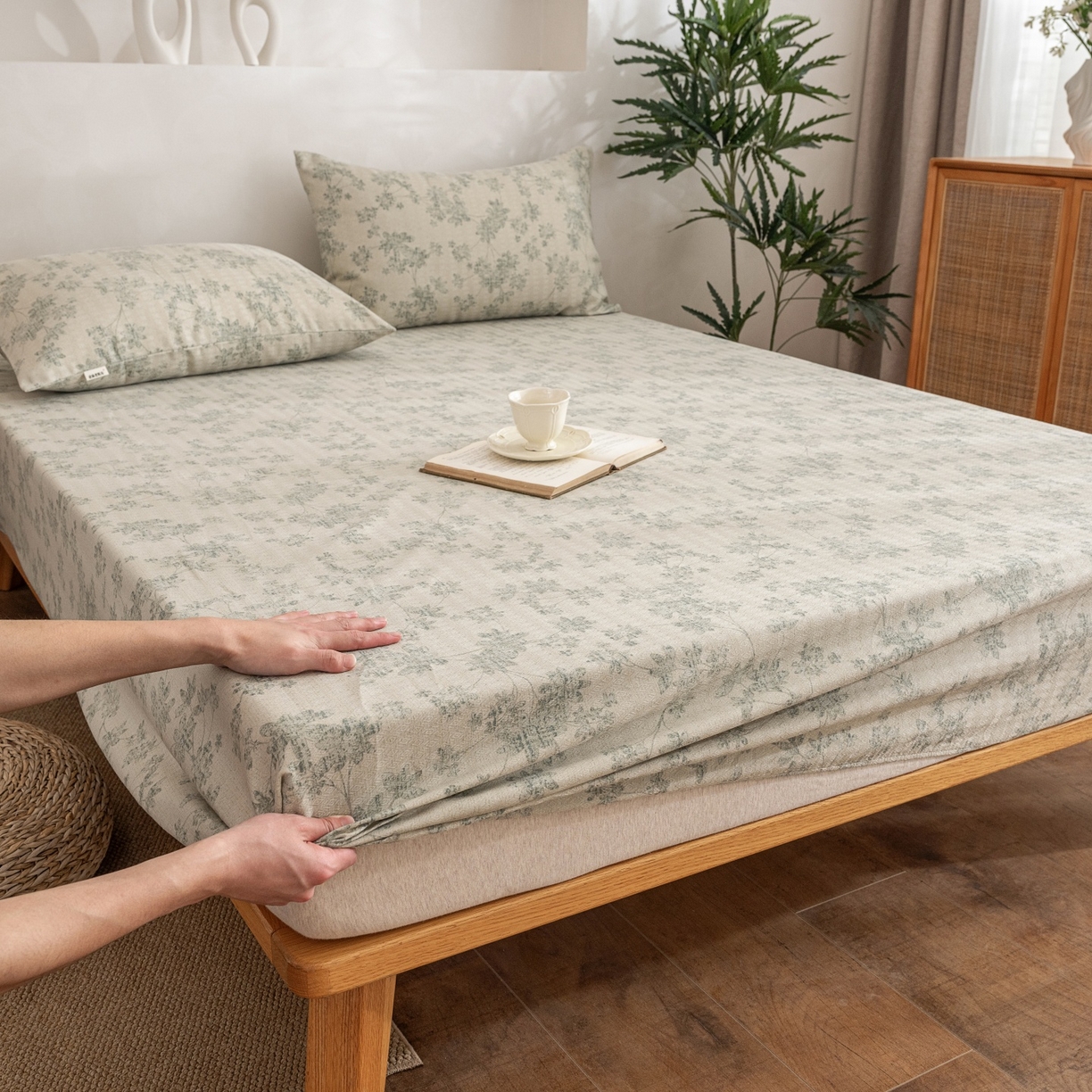 91家纺网 家纺一手货源 找家纺 棉乐町家居 2026春夏新款亚麻老粗布床笠 床笠单件 青岚