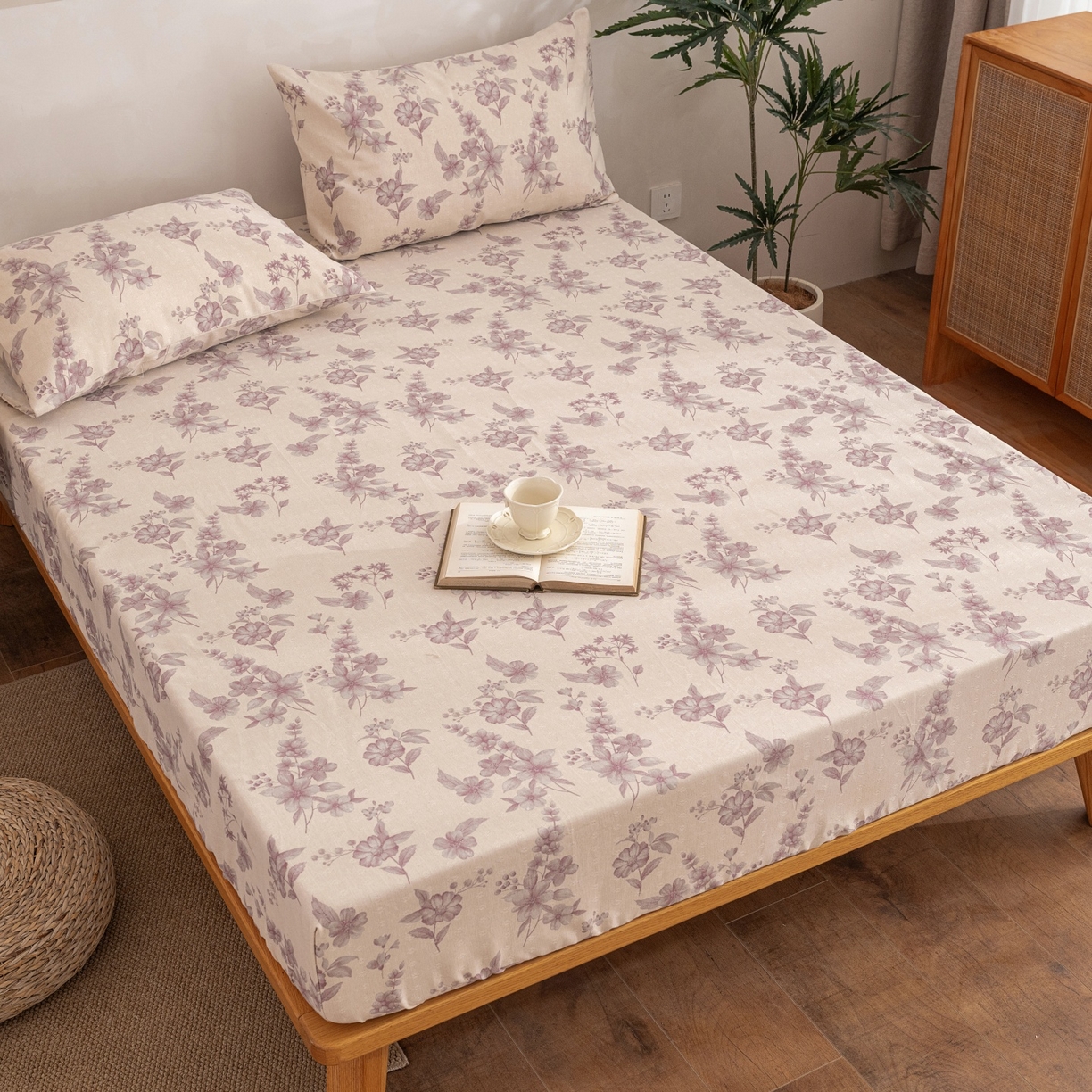 91家纺网 家纺一手货源 找家纺 棉乐町家居 2026春夏新款亚麻老粗布床笠 床笠单件 紫鸢