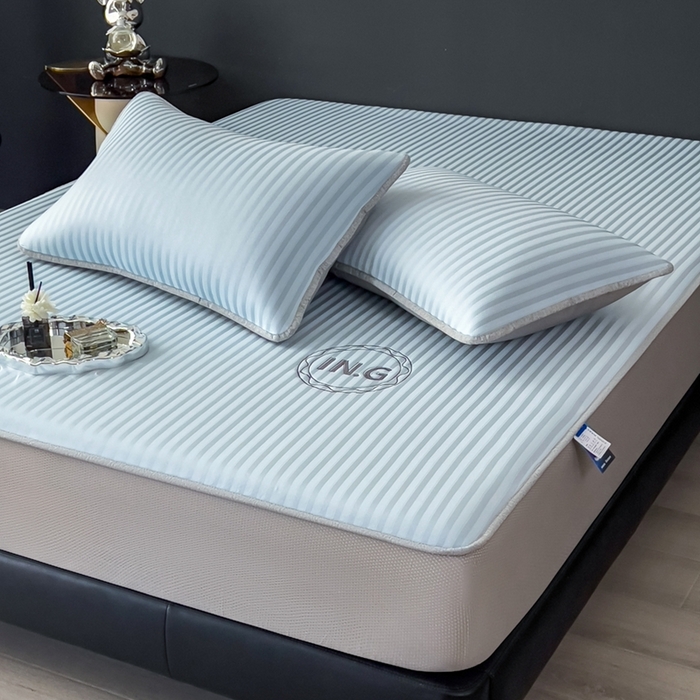 印季家纺 2026新款刺绣冰感条纹全锦凉席席子三件套 冰川蓝-床笠款