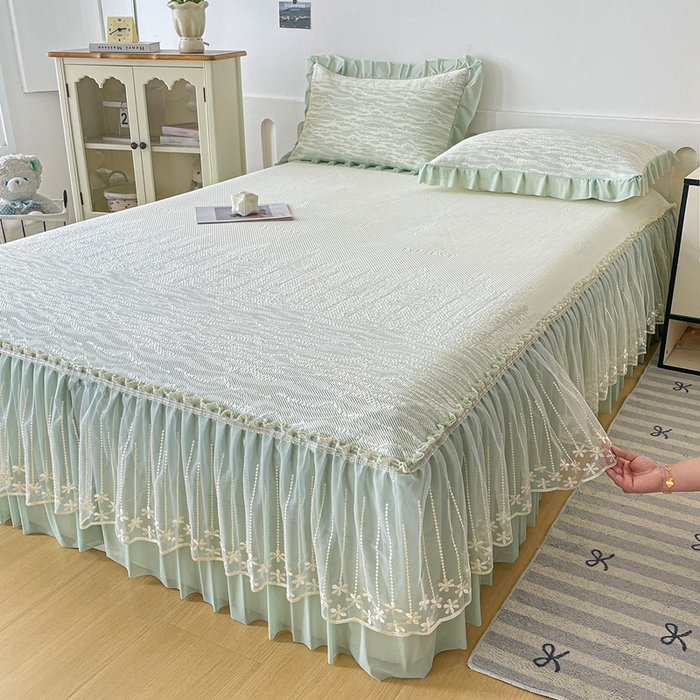 91家纺网 家纺一手货源 找家纺 （总）铠畅家纺  2026新款冰豆豆PE高分子凉感印花床裙款凉席三件套 幸运树系列