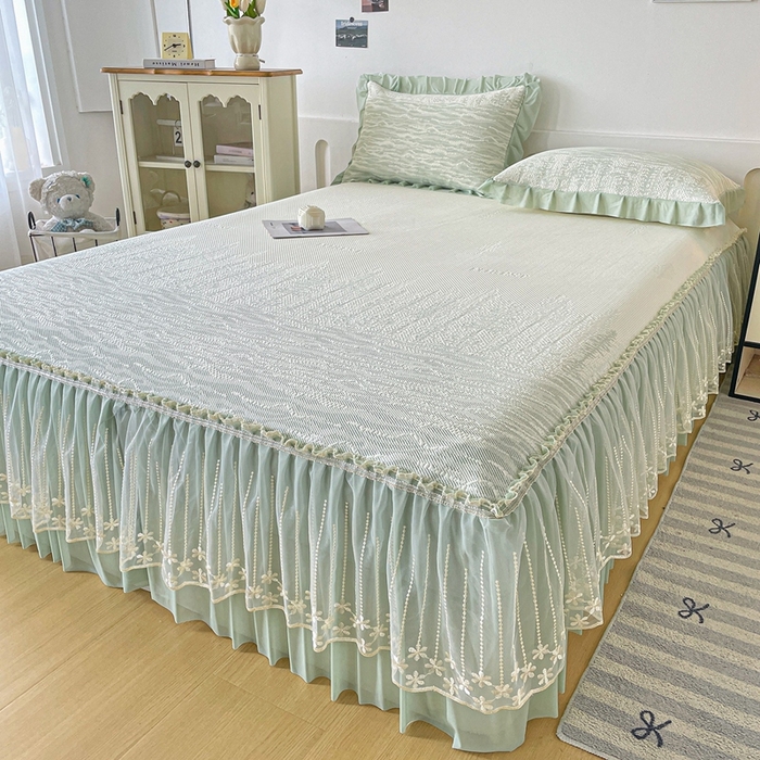 91家纺网 家纺一手货源 找家纺 （总）铠畅家纺  2026新款冰豆豆PE高分子凉感印花床裙款凉席三件套 幸运树系列