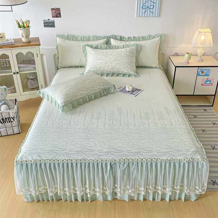 91家纺网 家纺一手货源 找家纺 （总）铠畅家纺  2026新款冰豆豆PE高分子凉感印花床裙款凉席三件套 幸运树系列