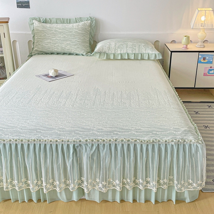 91家纺网 家纺一手货源 找家纺 （总）铠畅家纺  2026新款冰豆豆PE高分子凉感印花床裙款凉席三件套 幸运树系列