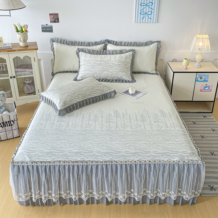 91家纺网 家纺一手货源 找家纺 铠畅家纺  2026新款冰豆豆PE高分子凉感印花床裙款凉席三件套 幸运树系列 幸运树-灰